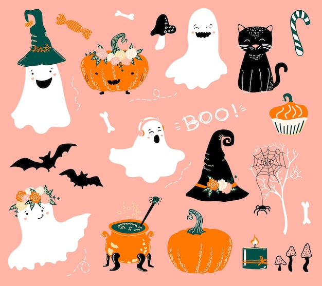 Set di halloween simpatici fantasmi zucche pipistrelli ossa di gatto nero e funghi