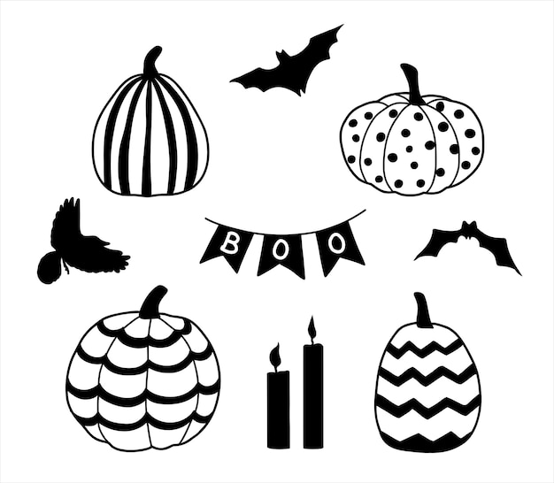 Halloween set. Doodle set with stylized pumpkins, bats, crow and candles.