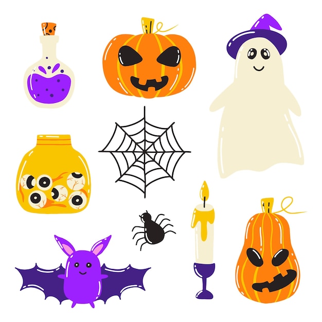 Halloween set Doodle stijl Vector illustratie Vreselijke collectie voor Halloween Ghost pompoen potion pot met ogen