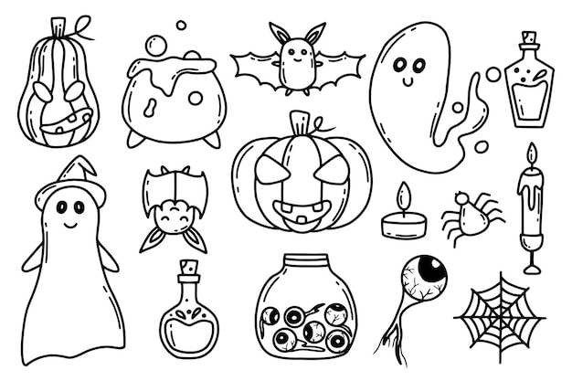 Набор хэллоуина в стиле каракулей векторная иллюстрация ужасная коллекция для хэллоуина призрачная банка с тыквенным зельем с глазами