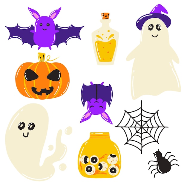 ハロウィーン セット 落書きスタイル ベクトル イラスト ハロウィーンのひどいコレクション ゴースト カボチャ ポーション瓶の目