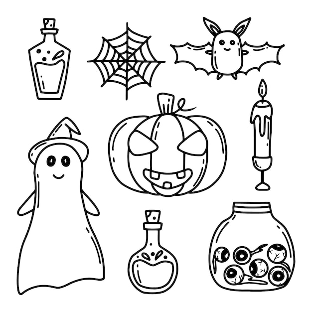 Vector halloween set doodle style vector illustration terrible collection for halloween ghost pumpkin potion jar with eyes