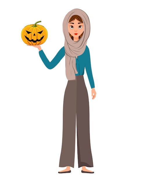 Set di personaggi femminili di halloween. ragazza con la zucca in mano. illustrazione.