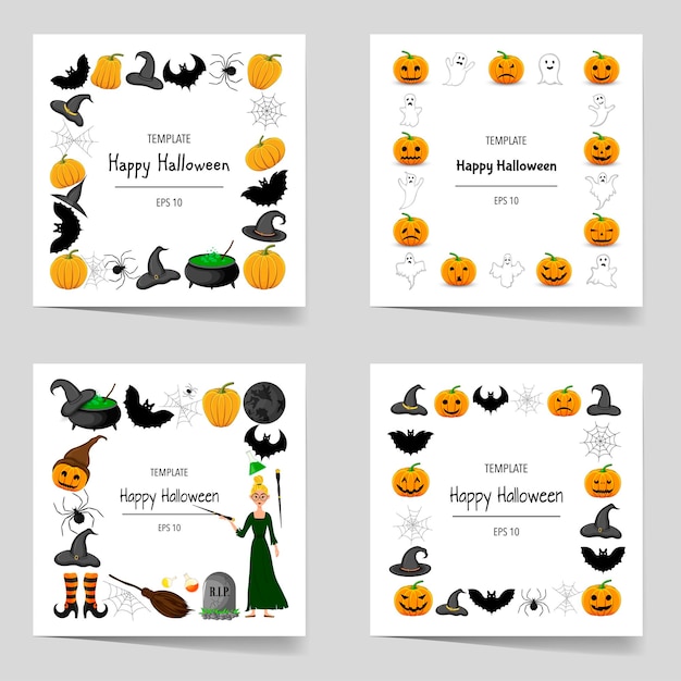 Halloween set di cornici per il tuo testo con attributi tradizionali stile cartone animato illustrazione vettoriale