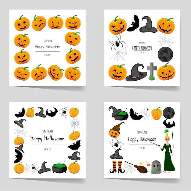 Halloween set of frames for your text with traditional attributes Cartoon style Vector illustration