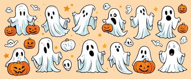 Vector halloween set funny ghosts with pumpkins on color background vector illustration