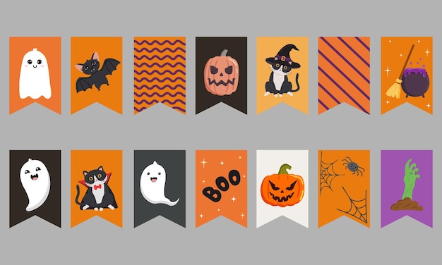 Set di ghirlande di halloween decor per poster e cartoline per feste di halloween illustrazione vettoriale su sfondo grigio