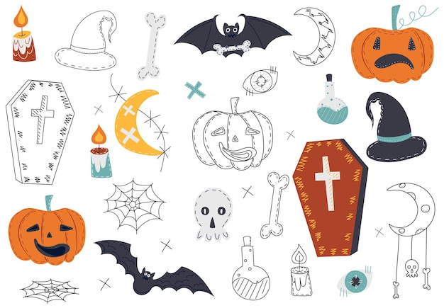 Vettore icone di halloween in stile doodle