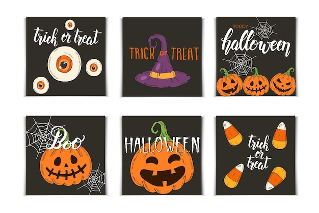 Insieme di halloween di biglietti d'invito con icone disegnate a mano e scritte. zucca jack, cappello da strega, scopa, cappello, dolci, radici di caramelle, bara, pentola con pozione in stile schizzo.