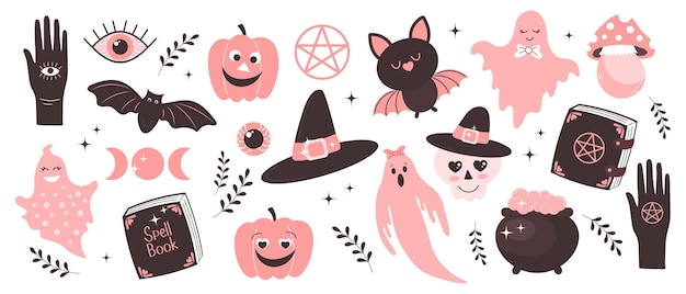 Halloween-set met roze elementen Halloween-stickers handgeesten vleermuizen magische pot maanpompoenen