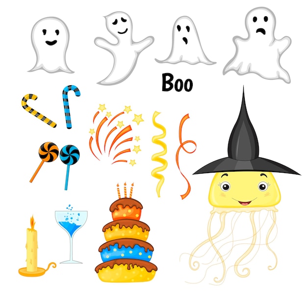 Halloween set met traditionele attributen op witte achtergrond Cartoon stijl Vector