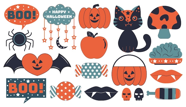 Halloween set of patches in cartoon comic style. Hand draw doodle Halloween elements.