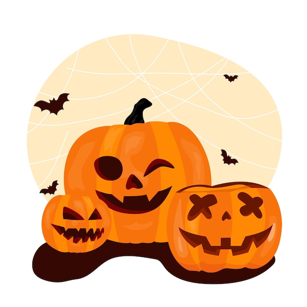 Insieme di halloween della zucca e dei pipistrelli con la luna di halloween nell'illustrazione piana