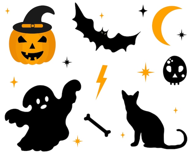 ハロウィン セット - カボチャ、ゴースト、スカル、バット、魔女帽子、黒猫、月、骨、白い背景で隔離。