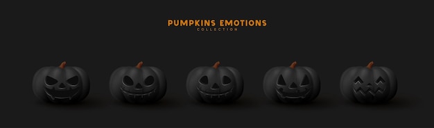 Halloween Set of pumpkin for holiday. Realistic 3d black pumpkins with cut scary good joy smile. Collection of 3d objects. Design elements isolated on dark background. Vector illustration