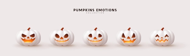Halloween Set of pumpkin for holiday. Realistic 3d white pumpkins with cut scary good joy smile. Collection of 3d objects. Design elements isolated on light background. Vector illustration