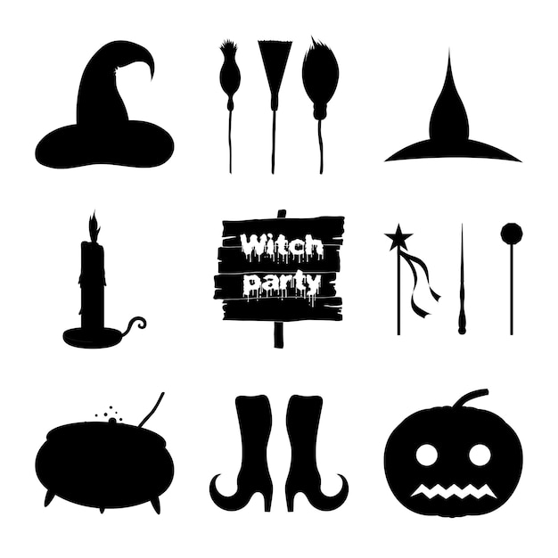 Halloween set of silhouettes with traditional attributes on white background. Cartoon style. Vector.
