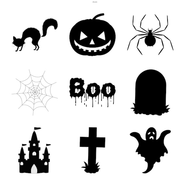 Halloween set of silhouettes with traditional attributes on white background. Cartoon style. Vector.