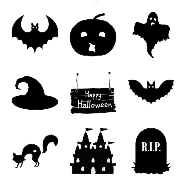 Halloween set of silhouettes with traditional attributes on white background Cartoon style Vector