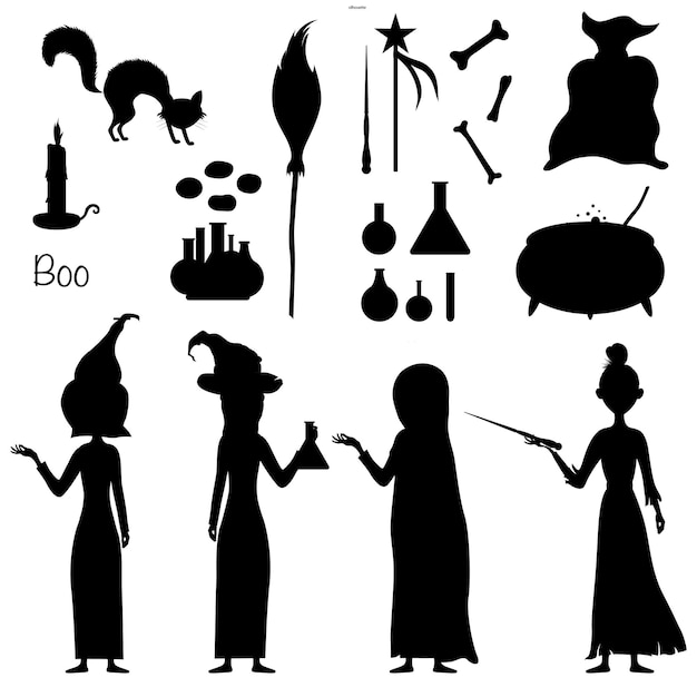 魔女と白い背景の上の伝統的な属性を持つシルエットのハロウィーンセット漫画スタイルベクトル