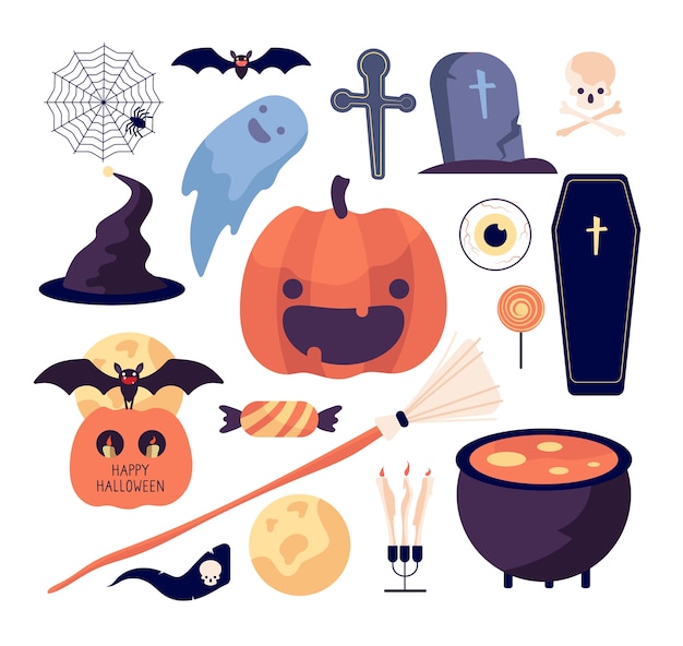 Insieme di halloween. ragnatela e zucca, pipistrello e bara, tomba e luna, scopa e teschio, dolci e raccolta isolata di candele. illustrazione ragno halloween, pipistrello e scopa