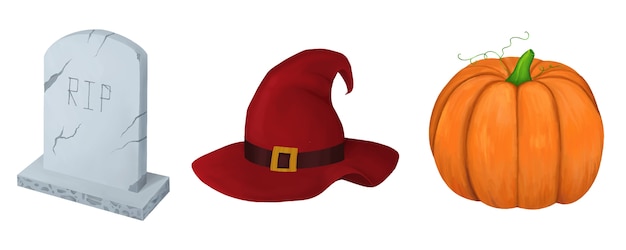 Vector halloween set tombstone witch hat pumpkin