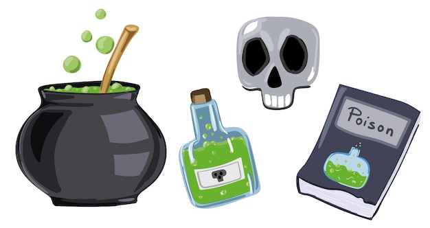 Vector halloween set witch s cauldron poison skull and book