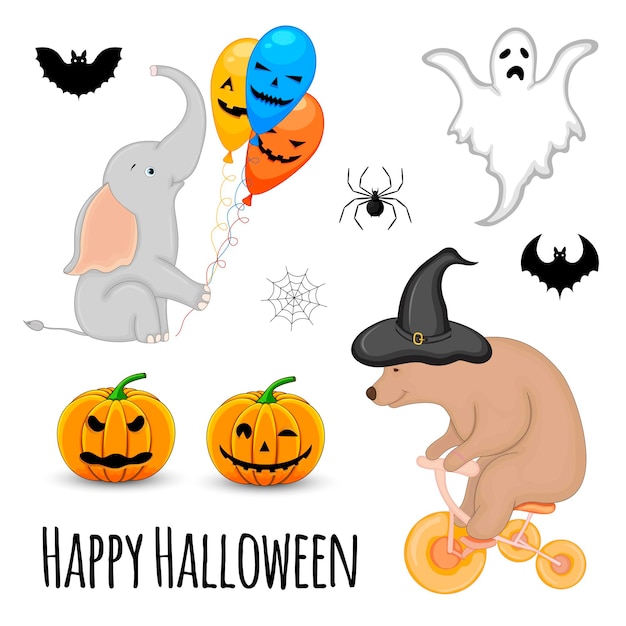 Halloween set with cute animals and traditional attributes on white background cartoon style vector