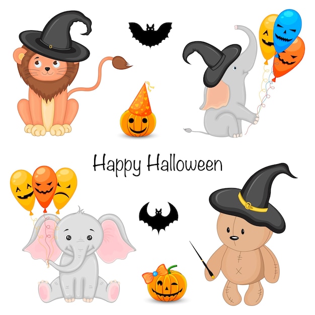 Halloween set with cute animals and traditional attributes on white background Cartoon style Vector