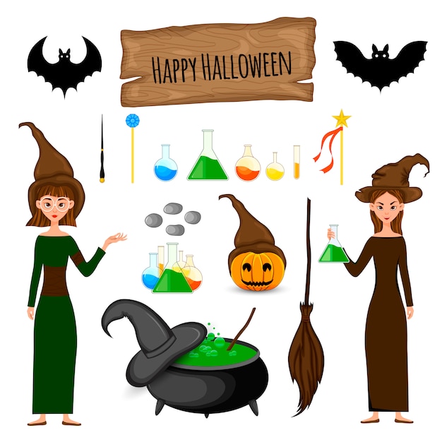 Halloween set with witches. cartoon style. vector.