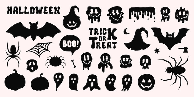 Halloween set zwarte silhouet elementen geïsoleerd op een witte achtergrond. Grappige tekenfilmpictogrammen