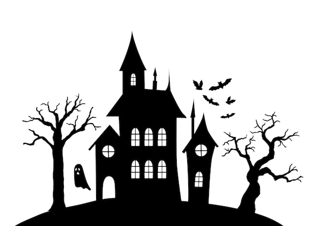 Halloween silhouet huizen winh vleermuis en spook op witte achtergrond Dag van de dode vectorillustratie