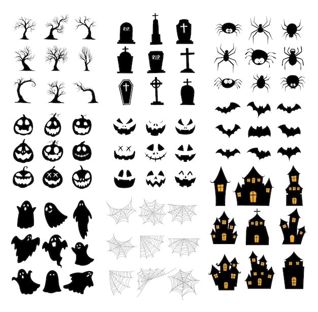 Halloween silhouet set verzameling van halloween pictogram en element geïsoleerd op een witte achtergrond