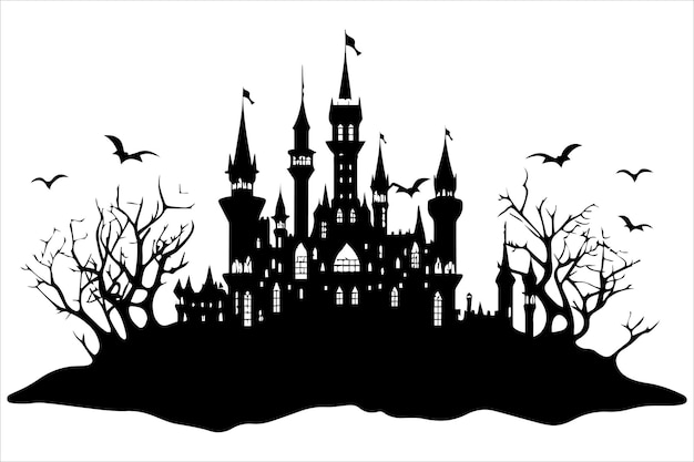 Halloween silhouette houses winh bat and ghost on white background day of dead vector illustration