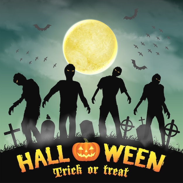 halloween silhouette zombie in a night graveyard