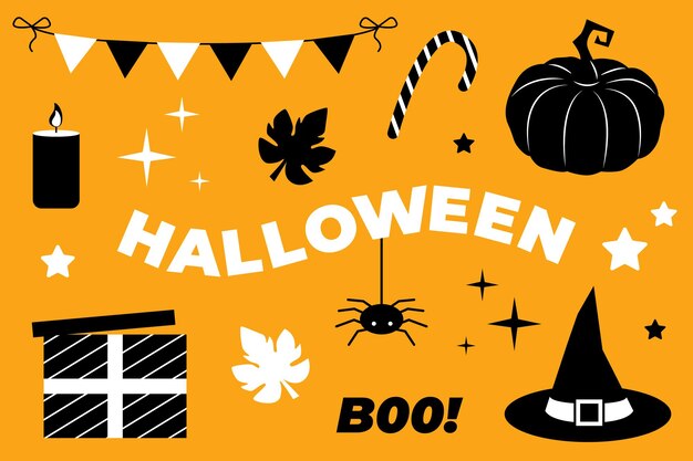 Halloween silhouetten instellen Vectorillustratie van pompoen spin geschenkdoos vlaggen heksenhoed kaars Zwart-wit vakantie elementen en objecten Halloween tekstontwerp