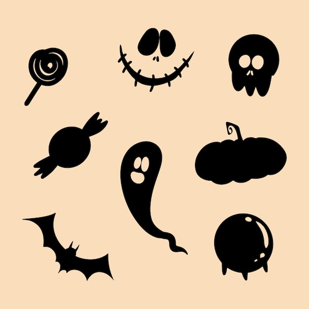 Halloween silhouetten schedel spook vleermuis kristallen bol pompoen snoep lolly