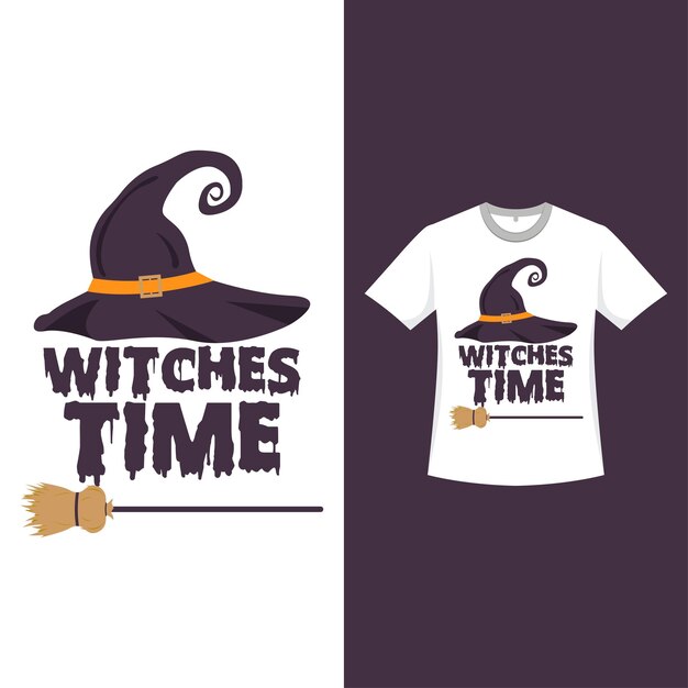 ベクトル 魔女の帽子とほうきでハロウィーンのシンプルな黒い色のtシャツのデザイン魔女の帽子のほうきと書道でハロウィーンの面白い要素のデザインハロウィーンの不気味なtシャツのデザイン