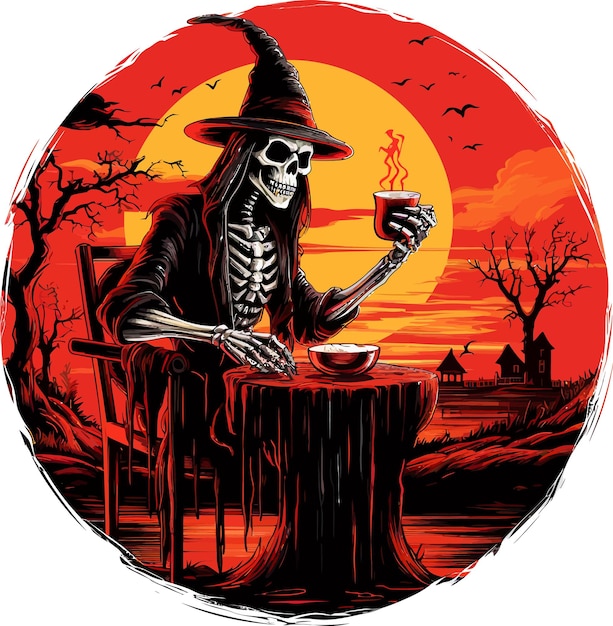 Vector halloween skeleton coffee lover funny halloween