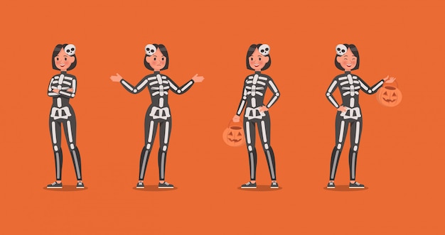 Vector halloween skeleton costumes  with pumpkin character set