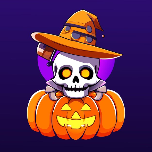 Halloween skeleton skull pumpkin hand drawn flat stylish cartoon sticker icon concept isolated