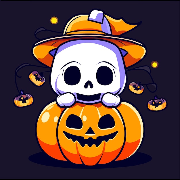 Vector halloween skeleton skull pumpkin hand drawn flat stylish cartoon sticker icon concept isolated