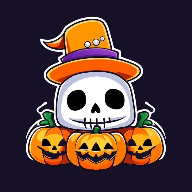 Vector halloween skeleton skull pumpkin hand drawn flat stylish cartoon sticker icon concept isolated