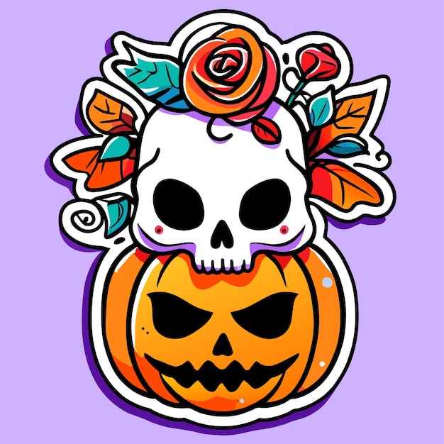 Halloween skeleton skull pumpkin hand drawn flat stylish cartoon sticker icon concept isolated