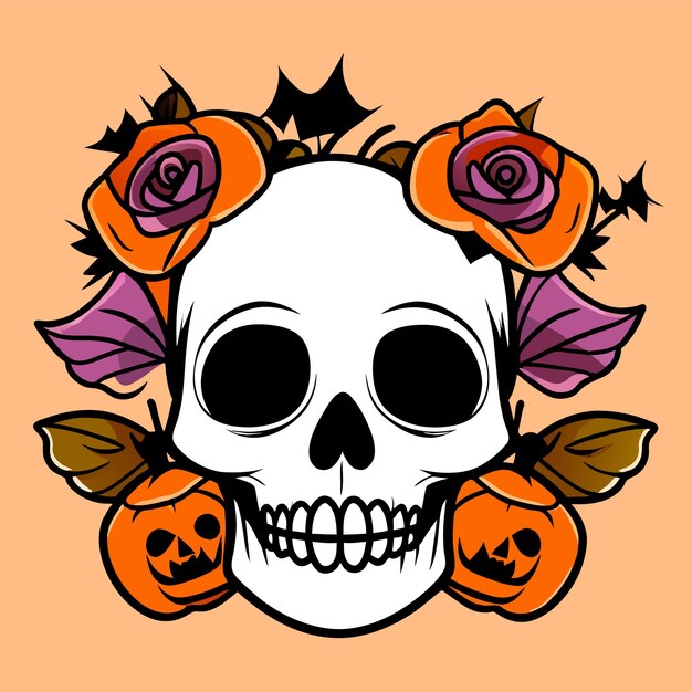 Vector halloween skeleton skull pumpkin hand drawn flat stylish cartoon sticker icon concept isolated