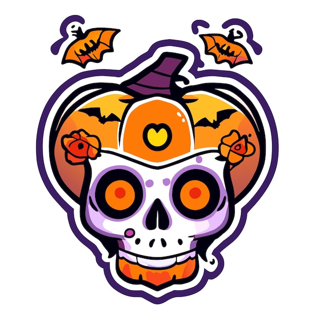 Halloween skeleton skull pumpkin hand drawn flat stylish cartoon sticker icon concept isolated