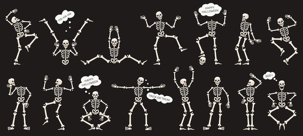 Halloween skeletons. Dancing skeletons, spooky halloween party skeleton mascots isolated vector illustration set. Funny skeletons characters. Illustration halloween skeleton, party dance bones