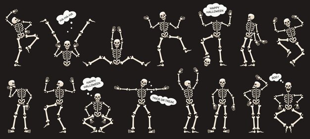 Vector halloween skeletons. dancing skeletons, spooky halloween party skeleton mascots isolated vector illustration set. funny skeletons characters. illustration halloween skeleton, party dance bones