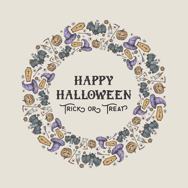 Halloween Sketch Circle Wreath Banner or Card Template Holiday Vector Illustration with Retro Typography and Bright Colors Hand Drawn Pumpkins Bats Coffins Hats Scythes and Candles