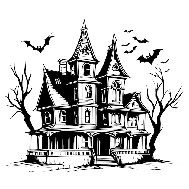 Halloween sketch creepy old house with fearful tree and bats illustration for your design